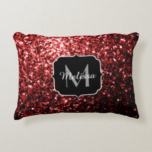 Dark Red faux Glitter sparkles Glamour Monogram Decorative Cushion