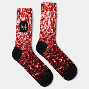 Dark Red faux Glitter sparkles Glamour Monogram Socks