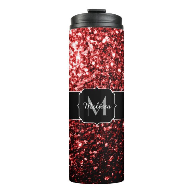 Dark Red faux Glitter sparkles Glamour Monogram Thermal Tumbler (Front)