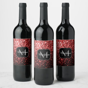 Dark Red faux Glitter sparkles Glamour Monogram Wine Label