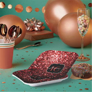 Dark Red faux Glitter sparkles Glamour Sweet 16 Paper Plate