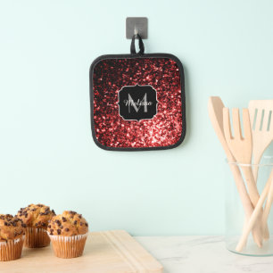 Dark red faux glitter sparkles Monogram Pot Holder