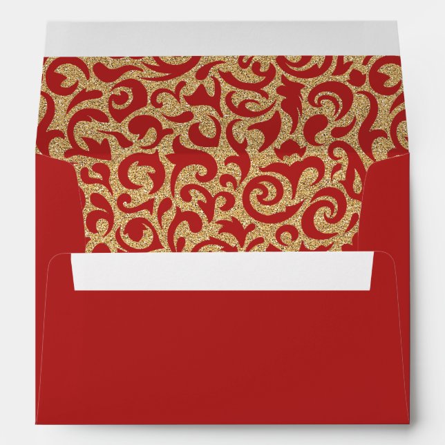 Dark Red Faux Gold Glitter Damask Floral Pattern Envelopes (Back (Bottom))