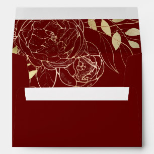 Dark Red & Faux Gold Peony Modern Floral Wedding Envelope