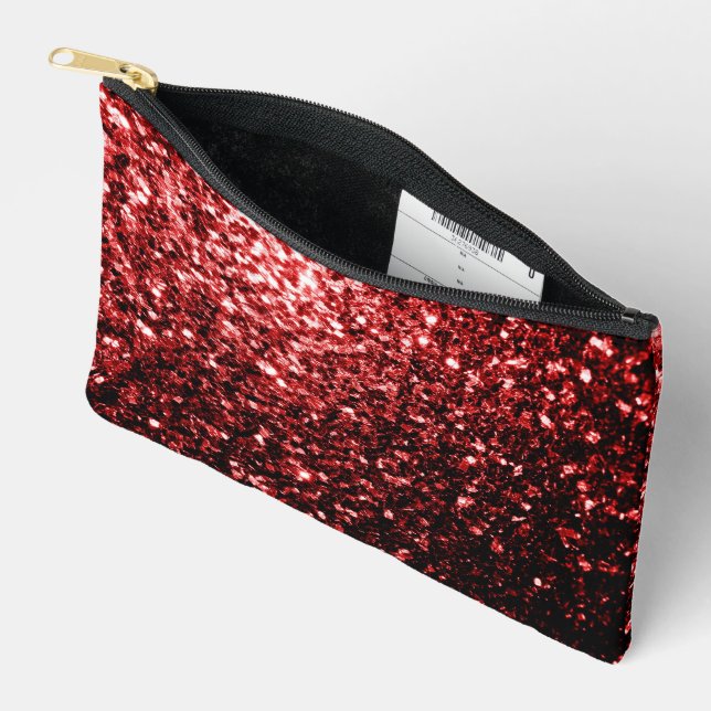 Dark red faux sparkles glitter bling accessory pouch (Open)