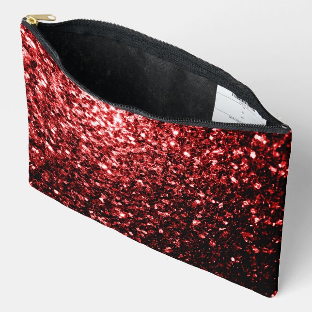 Dark red faux sparkles glitter bling accessory pouch (Open)