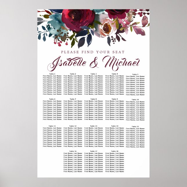Dark Red Floral 18-Table Wedding Seating Chart (Front)
