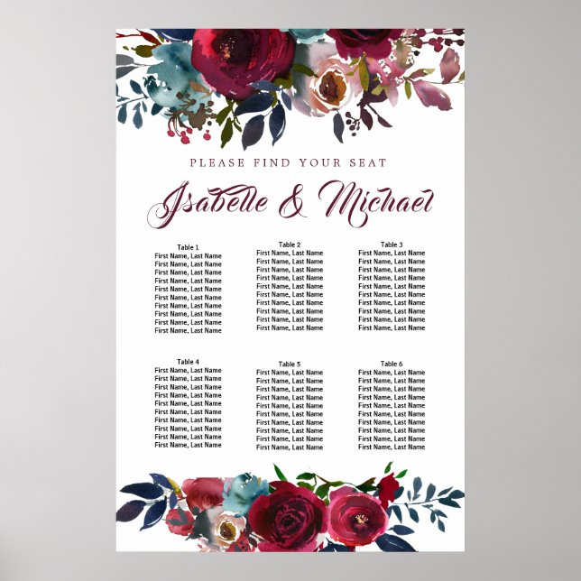 Dark Red Floral 6-Table Wedding Seating Chart (Front)