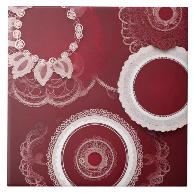 Dark Red Floral AI art Ceramic Tile (Front)