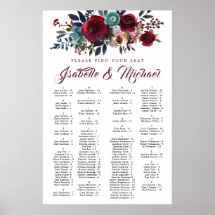 Dark Red Floral Alphabetical Wedding Seating Chart