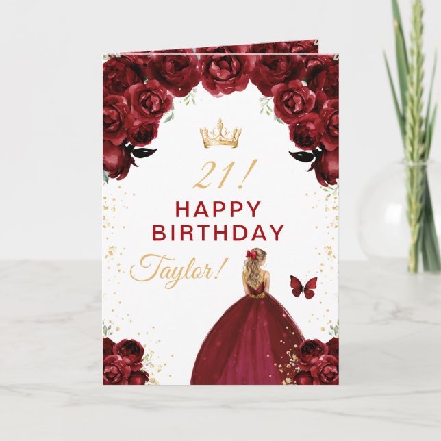 Dark Red Floral Blonde Hair Girl Happy Birthday Card (Front)