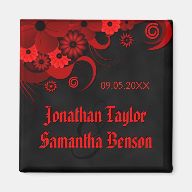 Dark Red Floral Gothic Black Save The Date Fridge Magnet (Front)