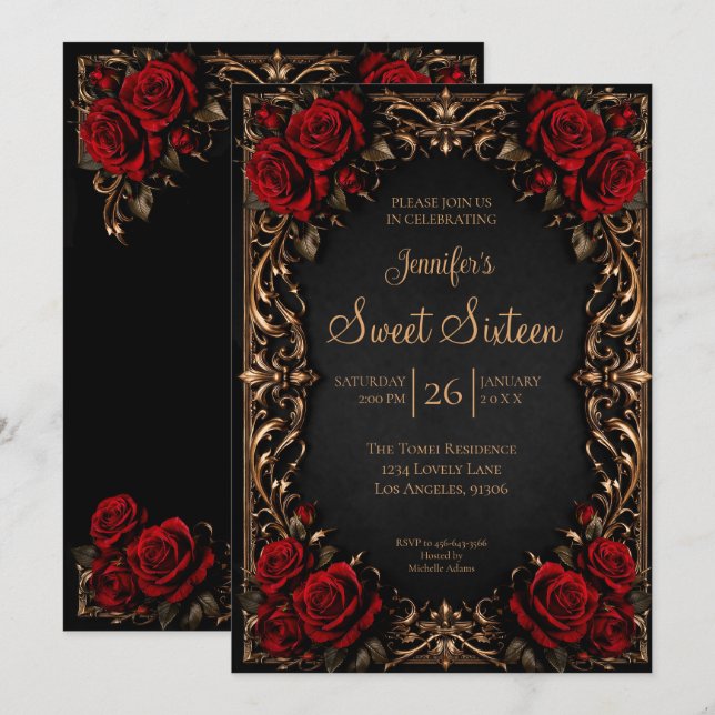 Dark Red floral Gothic Sweet 16 Invitation (Front/Back)