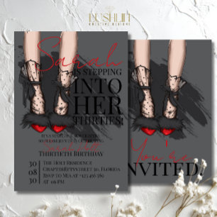 Dark Red Fur Heels Birthday Feminine Black Party Invitation