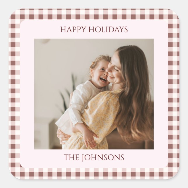 Dark Red Gingham Plaid Custom Photo Greeting Square Sticker (Front)