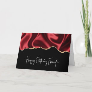 Dark Red Glam Wavy Satin Abstract Design Birthday Card