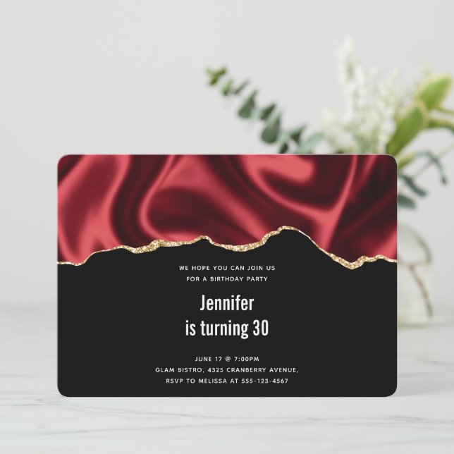 Dark Red Glam Wavy Satin Abstract Design Birthday Invitation (Standing Front)