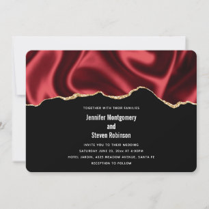 Dark Red Glam Wavy Satin Abstract Design Wedding Invitation