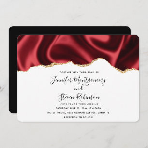 Dark Red Glam Wavy Satin Abstract Design Wedding Invitation