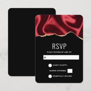 Dark Red Glam Wavy Satin Abstract Design Wedding RSVP Card