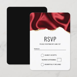 Dark Red Glam Wavy Satin Abstract Design Wedding RSVP Card
