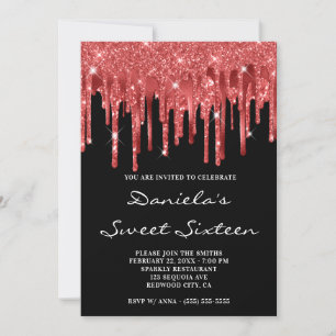 Dark Red Glitter Foil Drips Black Sweet Sixteen Invitation