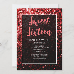 Dark red glitter sparkles Sweet 16 elegant script Invitation