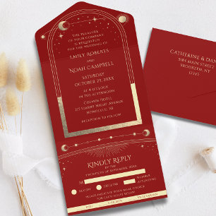 Dark Red Gold Celestial Sun Moon Stars Wedding All In One Invitation