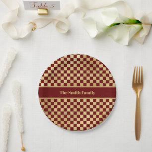 Dark Red Gold Chequered Paper Plate