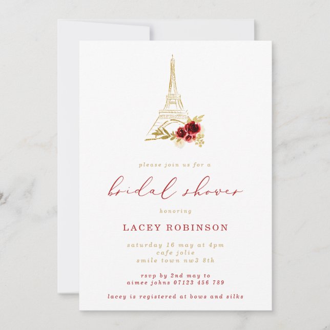 Dark Red & Gold Floral Eiffel Tower Bridal Shower Invitation (Front)