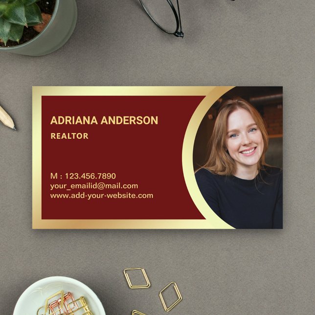 Dark Red Gold Foil Real Estate Photo Realtor Business Card (Creator Uploaded)