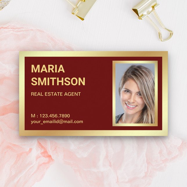 Dark Red Gold Foil Real Estate Realtor Photo Business Card (Creator Uploaded)