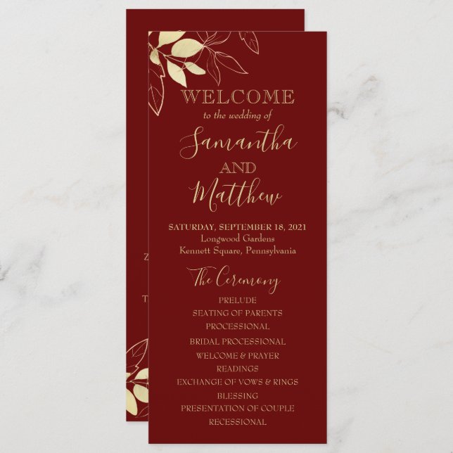 Dark Red & Gold Foliage Botanical Wedding Program (Front/Back)