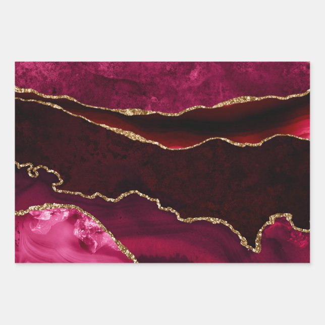 Dark Red & Gold Glitter Marble Agate Wrapping Paper Sheet (Front)