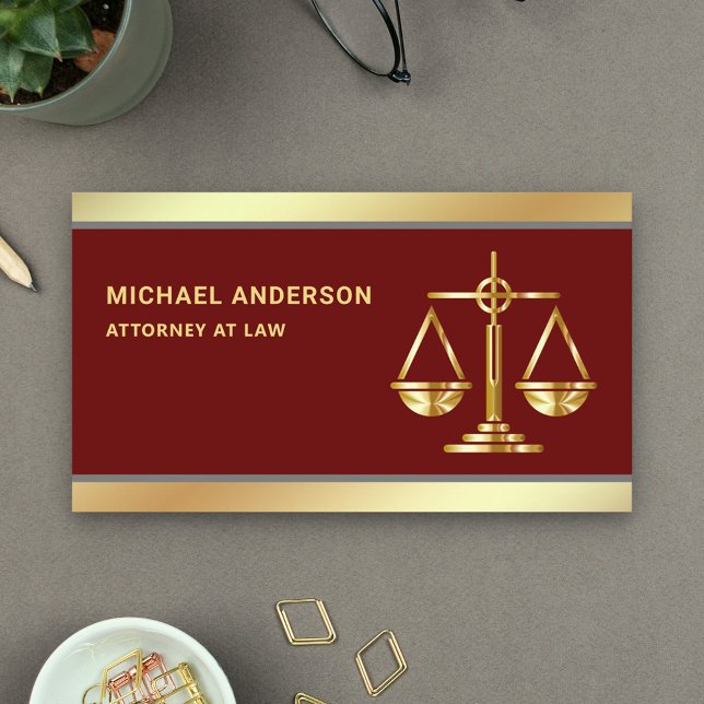 Dark Red Gold Justice Scale Lawyer Attorney Business Card (Creator Uploaded)