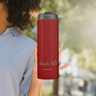 Dark Red Gold Modern Custom Monogram Minimal Thermal Tumbler