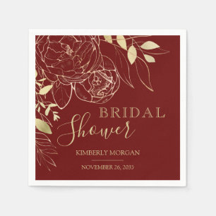 Dark Red & Gold Modern Floral Bridal Shower Napkin
