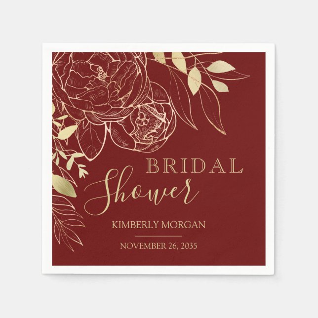 Dark Red & Gold Modern Floral Bridal Shower Napkin (Front)
