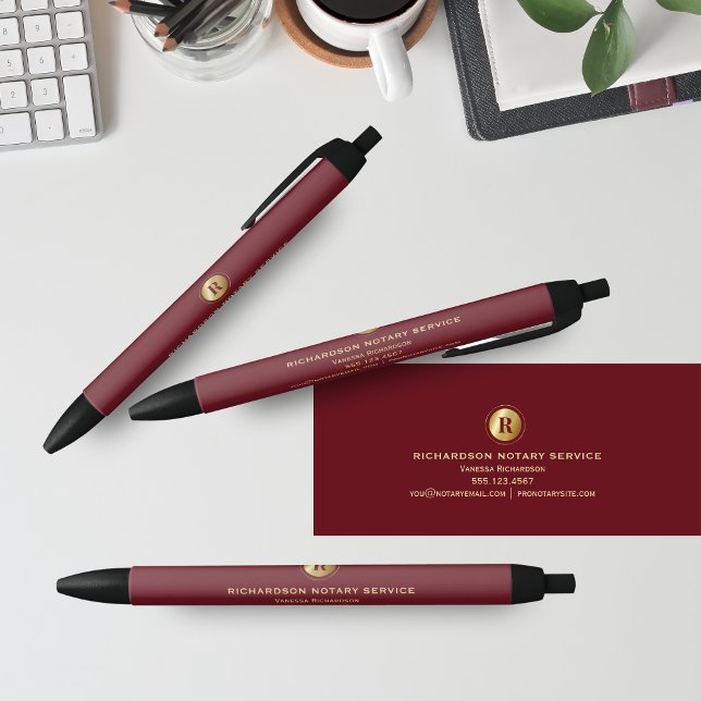 Dark Red & Gold Monogram Notary Business Promo Black Ink Pen (Creator Uploaded)