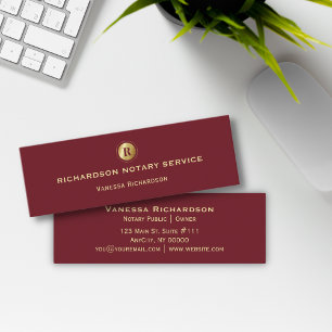 Dark Red & Gold Monogram Notary Business Promo Mini Business Card
