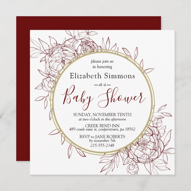 Dark Red & Gold Peony Floral Toile Baby Shower Invitation (Front/Back)