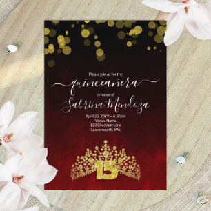 Dark Red, Gold Tiara Quinceanera Invitation