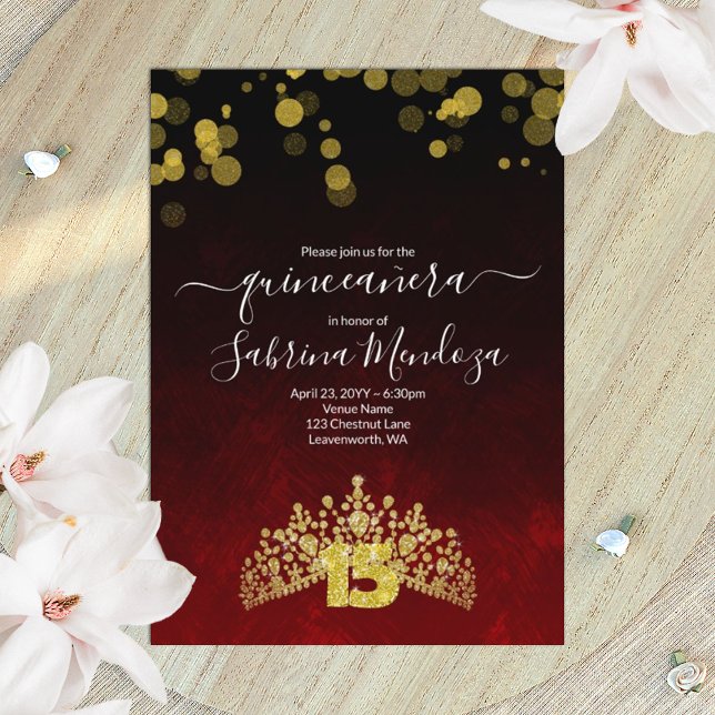 Dark Red, Gold Tiara Quinceanera Invitation (elegant ruby red quinceanera invitation with gold rhinestone tiara, gold glitter number 15)