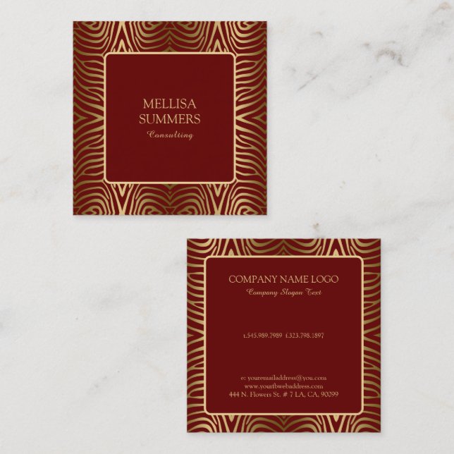 Dark Red & Gold Zebra Stripes Pattern Square Business Card (Front/Back)