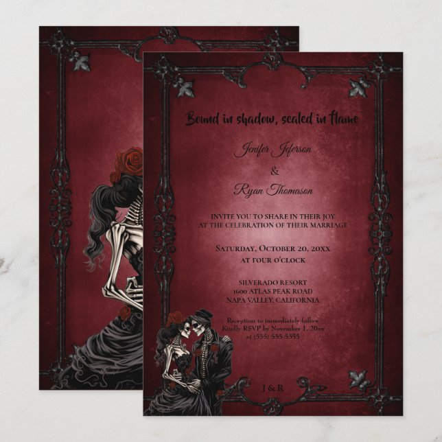 Dark Red Gothic Halloween wedding invitation (Front/Back)