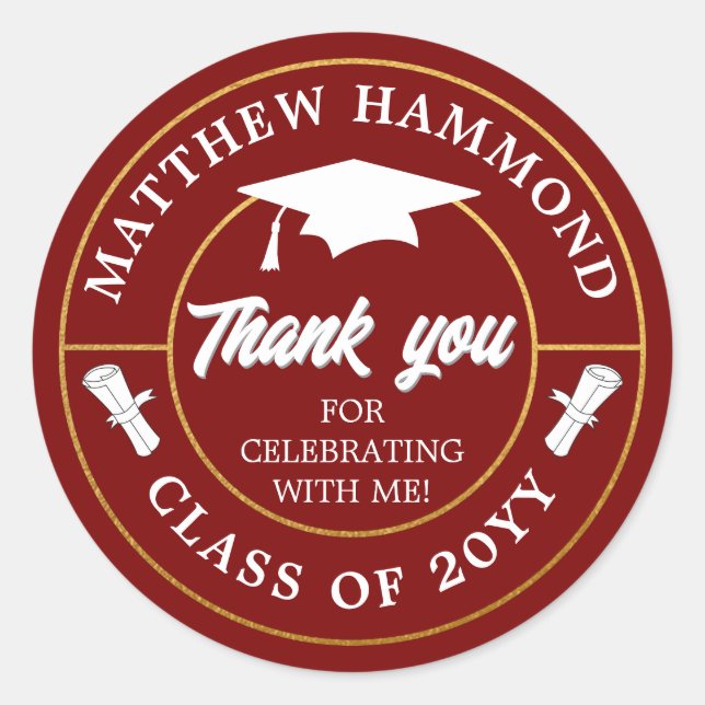 Dark Red Graduating Class Thank You Grad Cap Classic Round Sticker (Front)