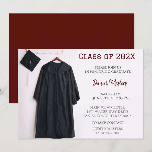 Dark Red Graduation Party Cap and Gown Invitation  (Front/Back)