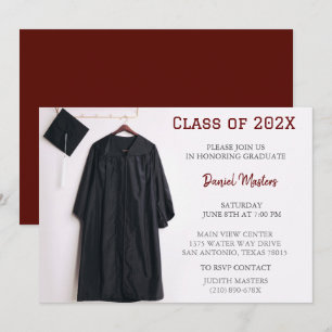 Dark Red Graduation Party Cap and Gown Invitation