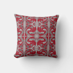 Dark Red Gray Charcoal Ornate Swirling Small Tiles Cushion