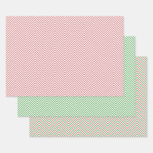 Dark Red, Green and White Chevron Line Wrapping Paper Sheet